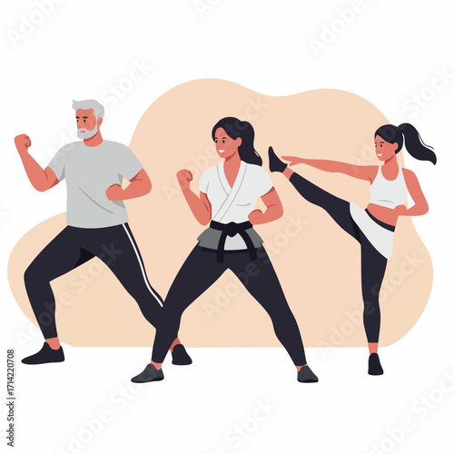 Modern Flat Illustration of Diverse People Practicing Martial Art Together