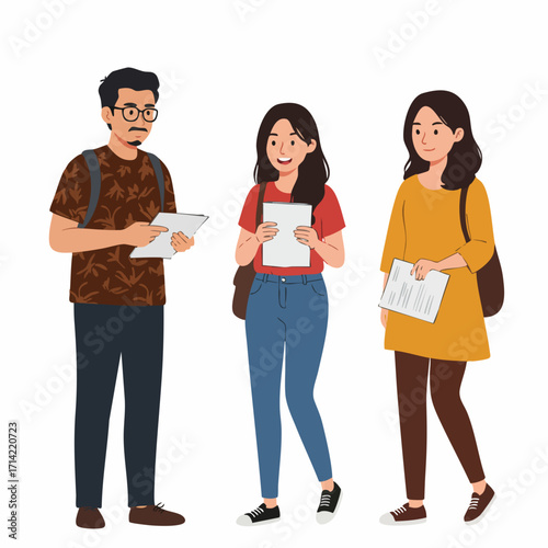 Flat Illustration of Three College Students Standing Together on Campus