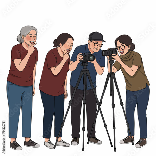 Cartoon Illustration of a Group of People Looking Through Camera on Tripod