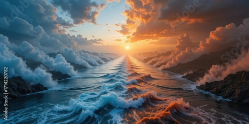 The river divides heaven and hell with different colors and waves.