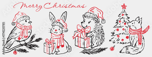 Hand drawn Merry Christmas greeting cards with animal characters with Christmas tree, gift box. Hedgehog, fox, tit bird, and hare. Vector sketch illustration in vintage crayon textured style.