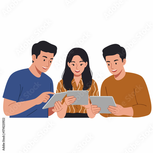 Modern Flat Style Illustration of Teamwork with Tablet Collaboration Concept