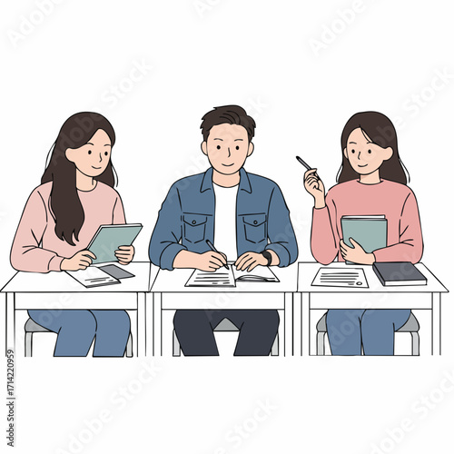 Simple Outline Drawing of Students Studying Together in Classroom Illustration