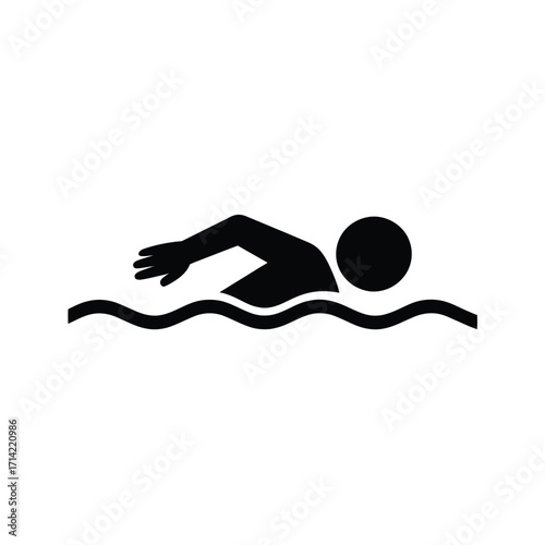 Simple stylized black and white vector icon of a person swimming freestyle motion silhouette vector illustration white background