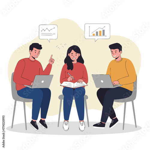 Flat Illustration Young Business Team Discussing Data and Graph Together