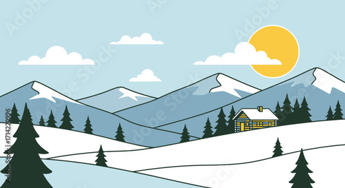 Winter landscape with snow-capped mountains, a cabin, trees, and a bright sun.