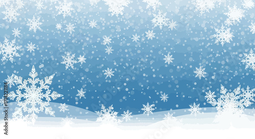 Falling snowflakes on a winter landscape.
