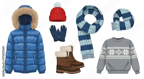 A collection of essential winter clothing and accessories for cold weather, including a jacket, sweater, hat, scarf, gloves, and boots.