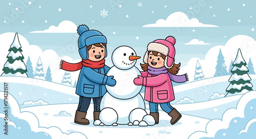 Two happy children, a boy and a girl, building a snowman together in a snowy winter landscape.