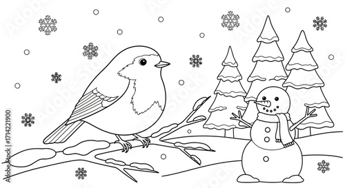 A cute robin bird on a snowy branch with a snowman and pine trees in a winter wonderland coloring page.