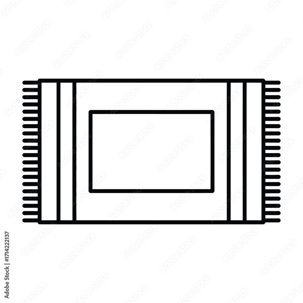 Fototapeta premium Simple black and white outline illustration of a rectangular rug with tassels for vector graphics silhouette vector illustration white background