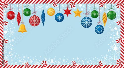 A festive Christmas background with a candy cane border and colorful hanging ornaments over a snowy light blue backdrop.