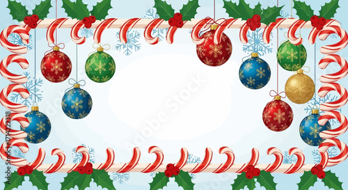 Festive Christmas frame made of candy canes and holly with hanging colorful ornaments.