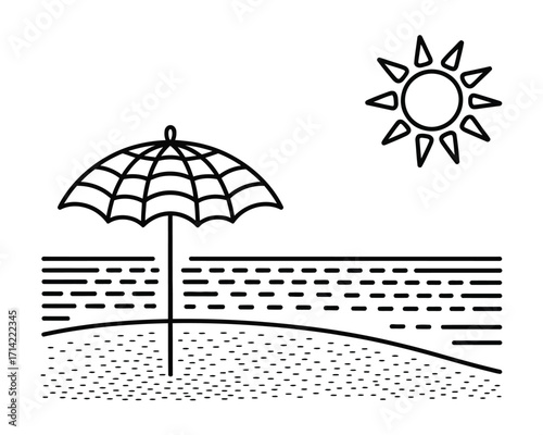 Simple black and white line drawing of a beach umbrella sun and water scene silhouette vector illustration white background