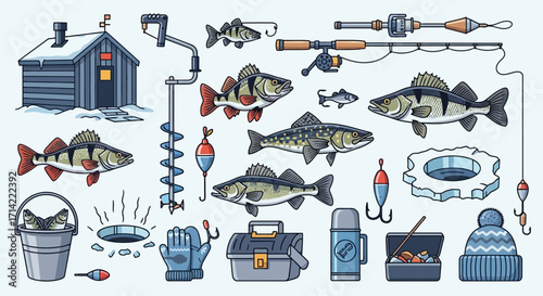 A comprehensive collection of illustrated ice fishing equipment and various fish species on a light blue background.