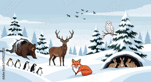 A charming winter illustration of various animals like a bear, deer, fox, and penguins in a snowy forest landscape.