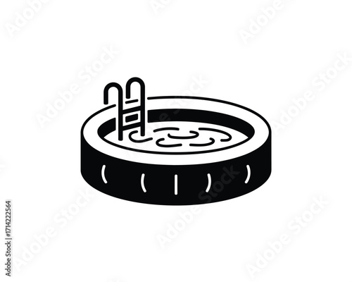 Simple black and white line art illustration of a hot tub with ladder and water ripples silhouette vector illustration white background