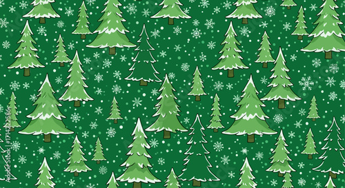 A festive seamless winter pattern featuring snow-covered evergreen trees and various snowflakes on a dark green background.