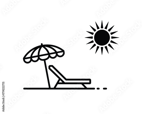 Simple black and white line illustration of beach chair umbrella and sun vector graphic silhouette vector illustration white background