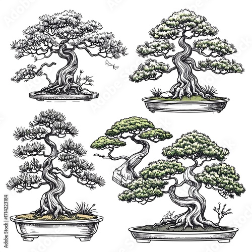 Four bonsai trees in various stages of color and detail