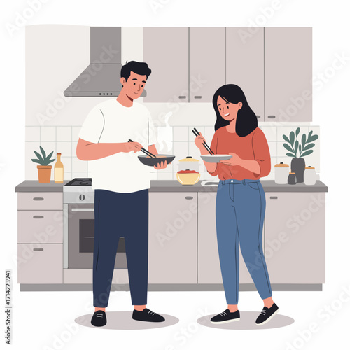 Flat Illustration Couple Cooking and Tasting Food in Kitchen Interior Scene