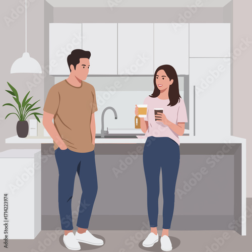 Modern Flat Illustration of Couple Chatting in a Minimalist Kitchen Interior