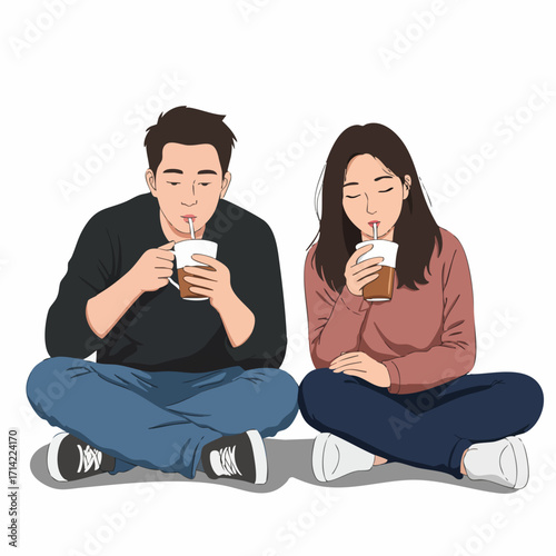 Cartoon Illustration of a Couple Enjoying Iced Coffee Date Together
