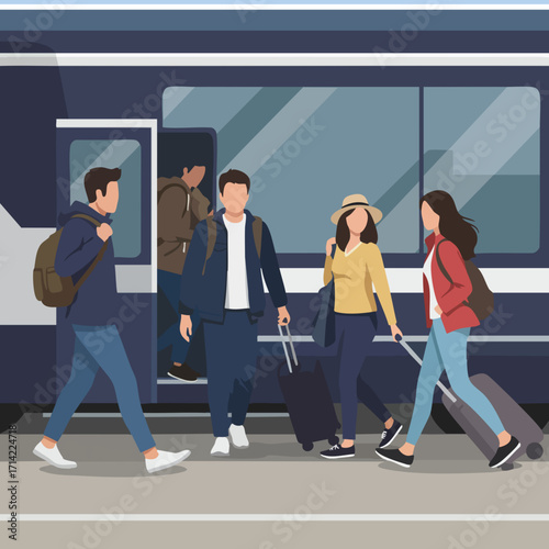 Modern Flat Illustration of People Boarding a Train for Travel