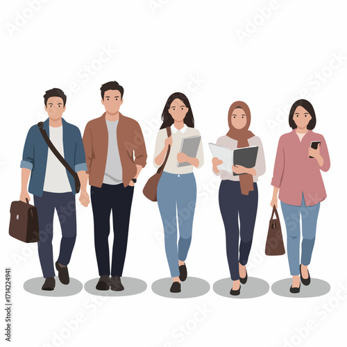Flat Style Detailed Students Group Illustration on White Background