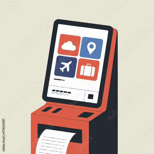 SelfService Airport Kiosk with Travel Icons for Booking and Checking In Air Travel and Flight Logistics Efficiency