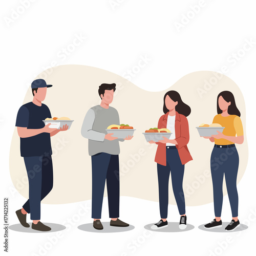 Flat Illustration Crowd Gathering Holding Food Bowls for Charity Event