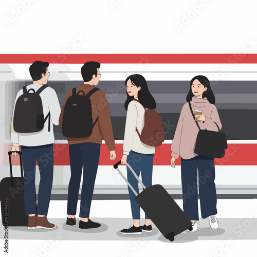 Flat Style Illustration of People Waiting for Train at Station