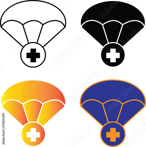 Parachute with medical cross icon, emergency rescue supply drop, first aid survival assistance symbol for healthcare, transparent background