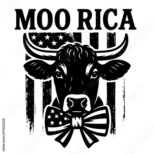 Moo Rica – Funny Patriotic Cow Vector with Sunglasses Featuring American Flag
