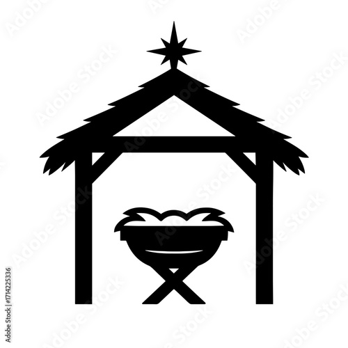 Nativity Scene – Black and White Silhouette Vector of Manger with Baby Jesus and Star

