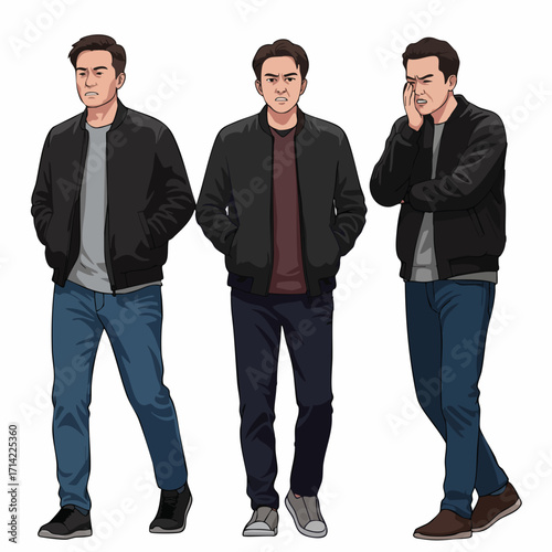 Realistic Standing Male Character with Pensive Expression in Various Poses Illustration