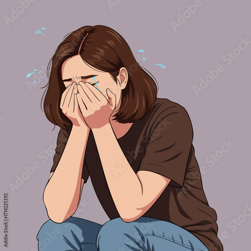 Expressive Cartoon Girl Covering Face Illustration of Sadness and Emotion