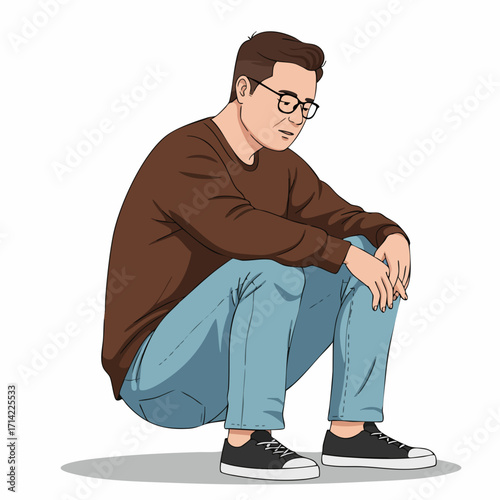 Cartoon Style Depressed Man Crouching Down Suffering From Mental Health