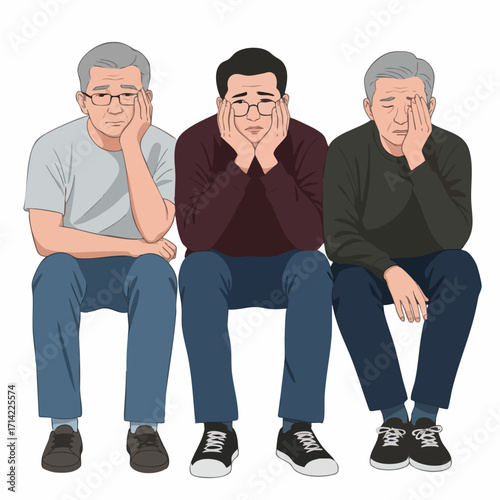 Animated Group of Men Sitting with Sad Expressions Illustration