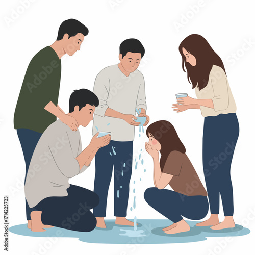 Flat Style Detailed Wudu Ritual Illustration with Group of People Performing