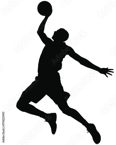 Dynamic black silhouette vector illustration of basketball player dunking scalable eps icon silhouette vector illustration white background