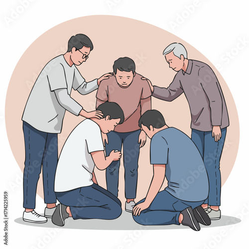 Flat Style Group of Men Praying for Friend Support Illustration