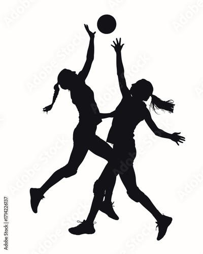 Silhouette vector illustration of two females playing volleyball action dynamic sports graphic silhouette vector illustration white background