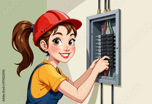 Young Female Electrician Adjusting Circuit Breakers in Electrical Panel Wearing Red Safety Helmet and Blue Overalls