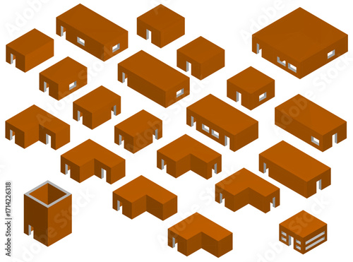 Low poly brown rooms arranged in a dynamic pattern resembling a map or asset pack on a clean white background. Isometric view