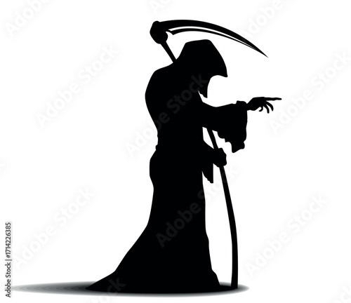 Grim Reaper of Death with scythe on shoulder points to victim. Vector icon on transparent background