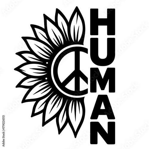 HUMAN – Black and White Typography Vector with Floral Sunflower Integration and Equality Theme
