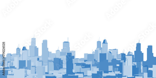 Blue and white city skyline silhouette with skyscrapers against a clean white background.