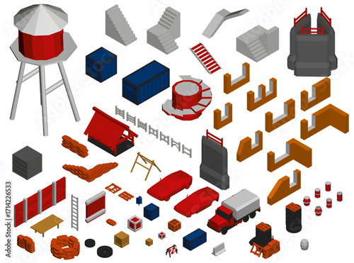 Isometric low poly asset pack featuring a water tower, boxes, vehicles, and a ladder on a clean white background. Isometric view