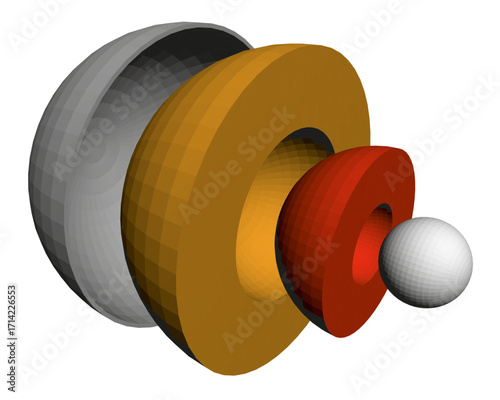 Polygonal earth's internal structure with red, yellow, and grey core layers. Magnetic field lines surround the sphere against a white background.